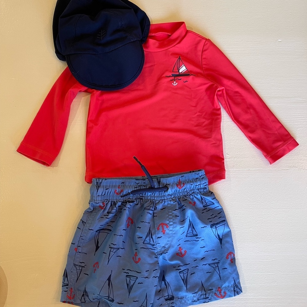 EUC baby boy’s swim trunks, rash guard, hat set Carters 12m